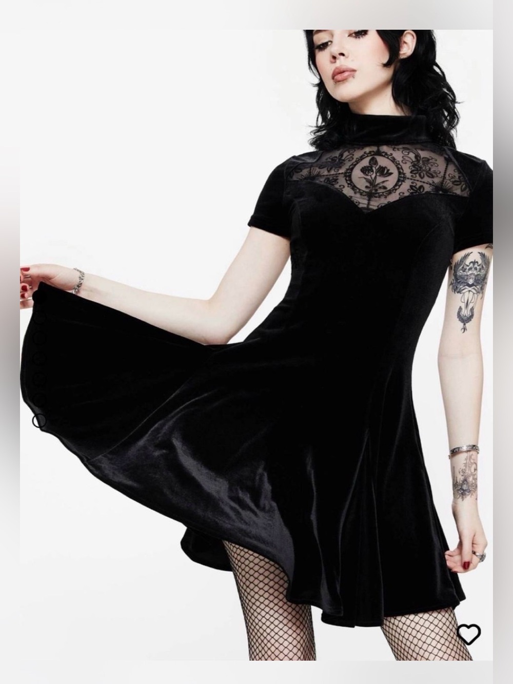 Disturbia Black Velvet Fit & Flare Dress with Lace Yoke, XS / size 4